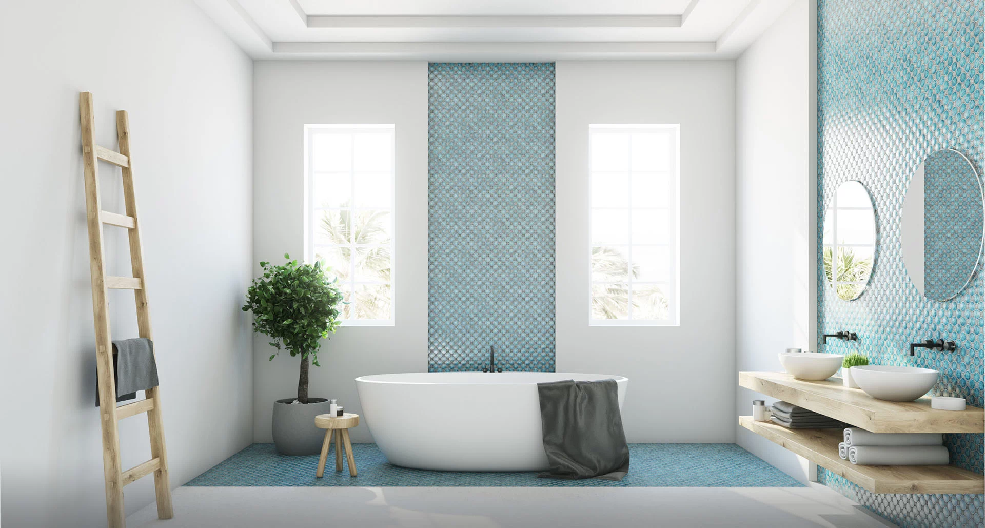 łazienka z wanną pod oknami